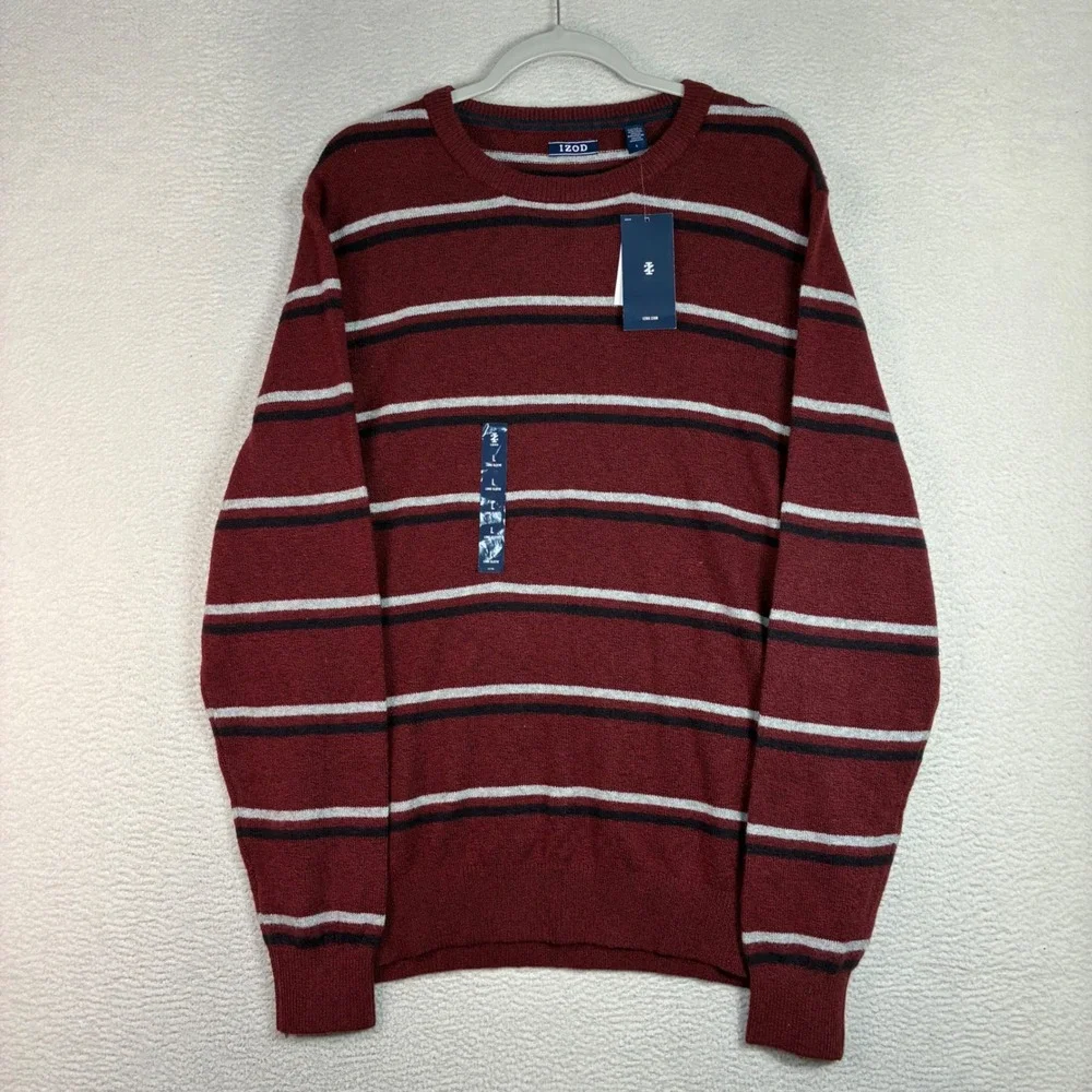 IZOD Crewneck Sweater Men L Velvet Maroon Striped Cotton Blend Preppy Soft NWT